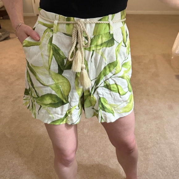 Joie Green and Cream High Waist Shorts with Botanical Print - Picture 1 of 6